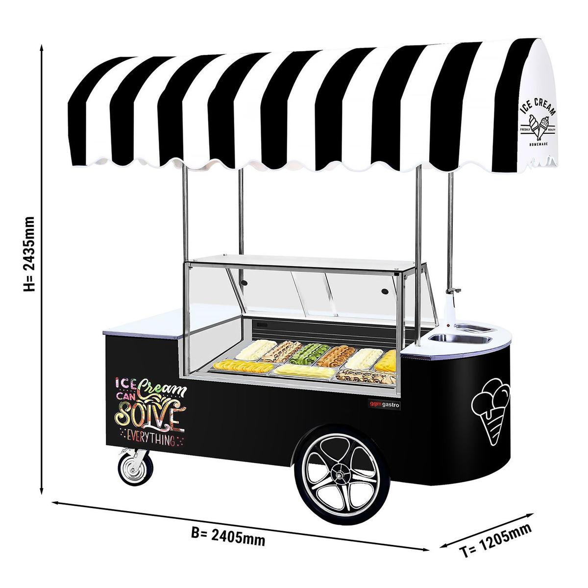 Ice cream trolley - 2146mm - with sink & square ice cream counter - 9x5 Litre ice cream containers