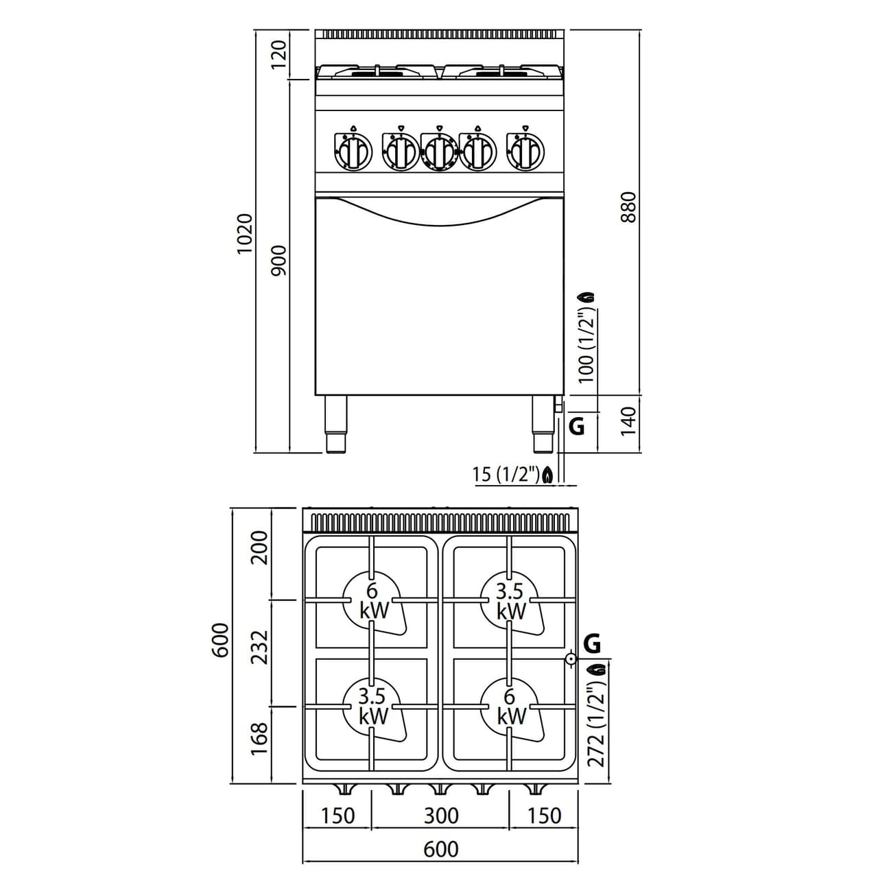 Plynový sporák 4 hořáky (19 kW) + plynová trouba (3,5 kW)