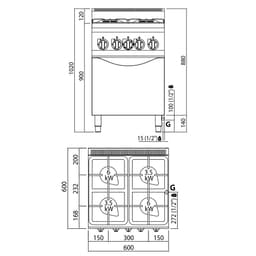 Plynový sporák 4 hořáky (19 kW) + plynová trouba (3,5 kW)