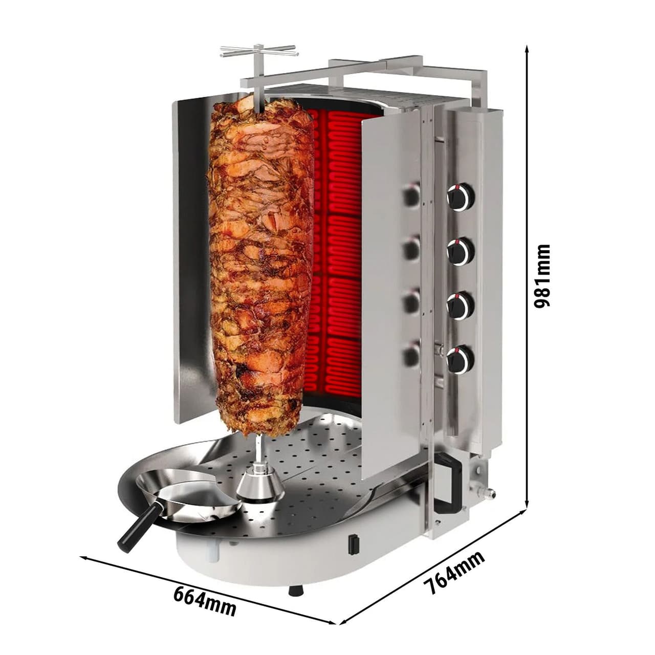 Plynový Gyros / Kebab gril -  s Robax®  sklem - 8 hořáků - max. 75 kg