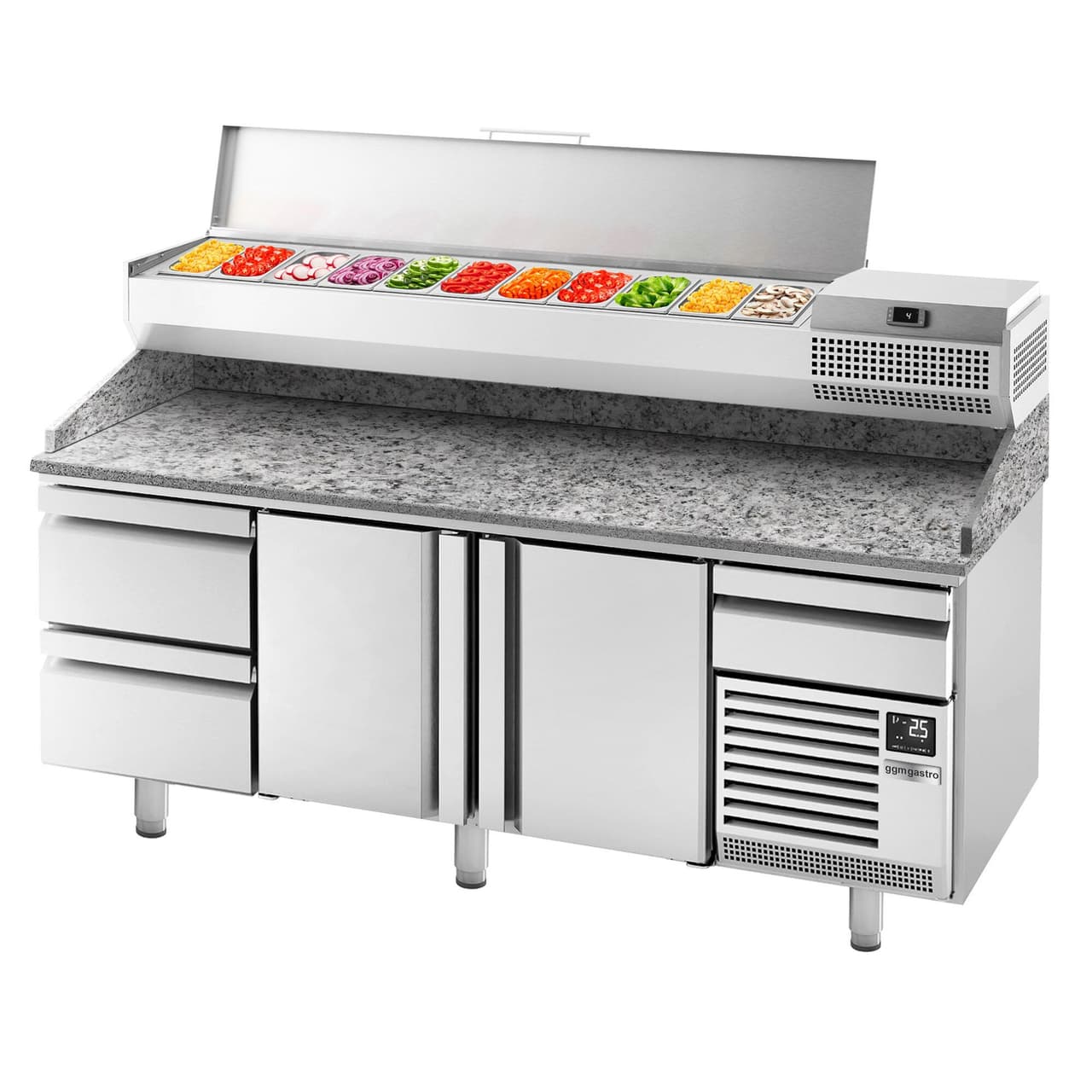 Pizza preparation table Premium PLUS- 2305x800mm - with 2 doors & 2 drawers- incl. refrigerated display case - 11x GN 1/4