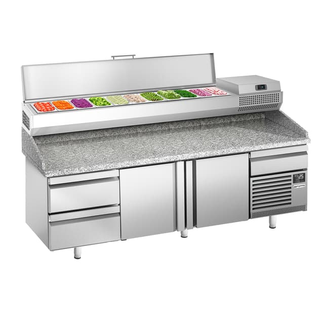 Pizza preparation table Premium PLUS- 2305x800mm - with 2 doors & 2 drawers- incl. refrigerated display case - 11x GN 1/4