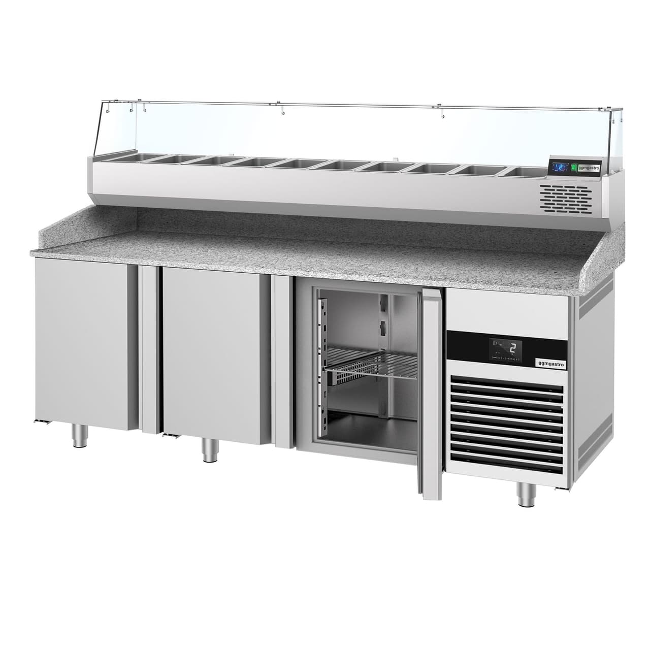 Chladicí stůl na pizzu PREMIUM - 2100x800mm - se 3 dveřmi - vč. chladicí vitríny - 10x GN 1/3