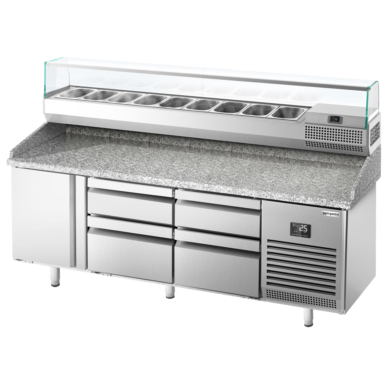 Pizza preparation table Premium PLUS - 1980x700mm - with 1 door & 4 drawers - incl. refrigerated display case - 9x GN 1/4