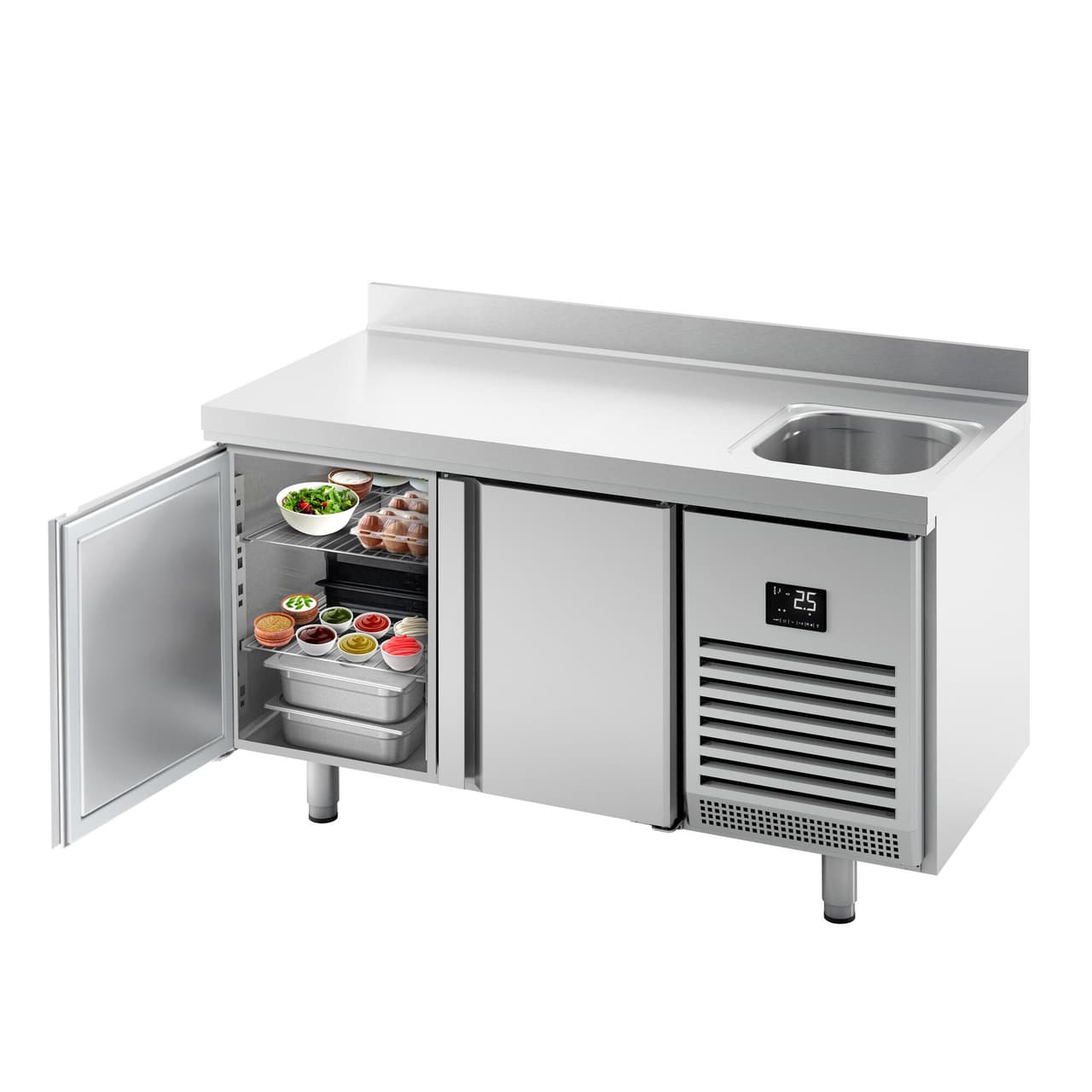 Refrigerated counter Premium PLUS- 1468x600mm - with 1 basin, 2 doors & backsplash