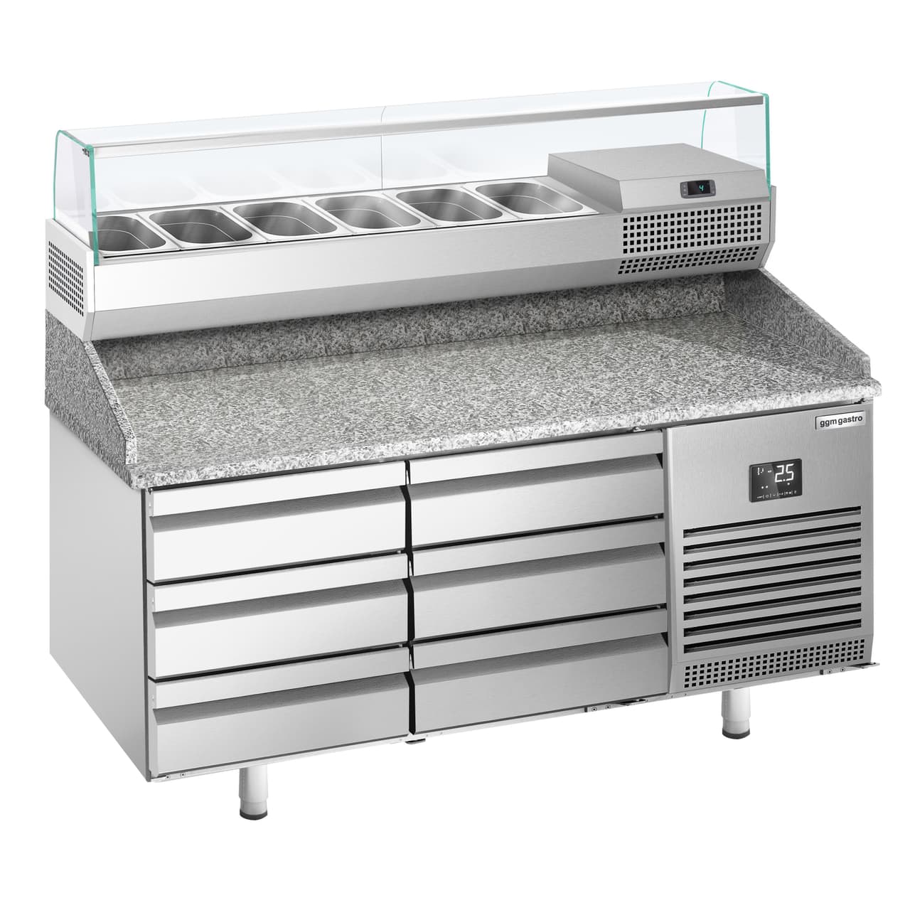 Pizza preparation table Premium PLUS - 1490x700mm - with 6 drawers - incl. refrigerated display case - 6x GN 1/4