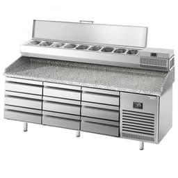 Pizza preparation table Premium PLUS - 1980x700mm - with 9 drawers - incl. refrigerated display case - 9x GN 1/4