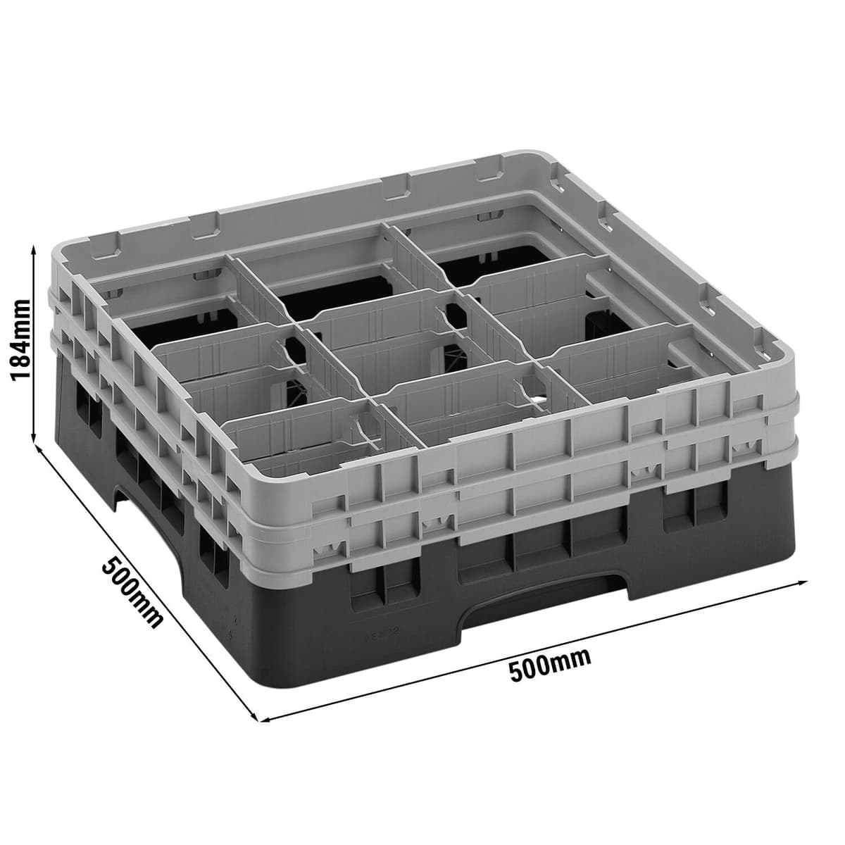 CAMBRO | CAMRACK® - Koš na sklo 1/1 se 2 nástavci - 500x500mm - 9 přihrádek - černý