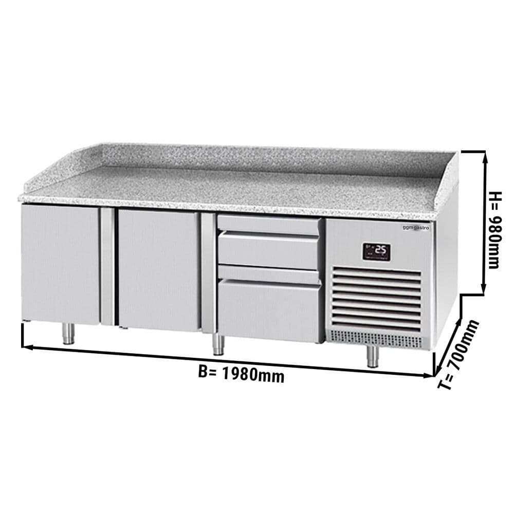 Pizza preparation table  Premium PLUS- 1980x700mm - with 2 doors & 2 drawers