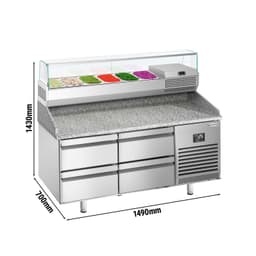 Pizza preparation table Premium PLUS - 1490x700mm - with 4 drawers - incl. refrigerated display case - 6x GN 1/4