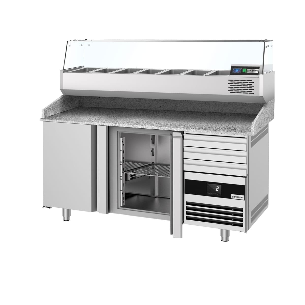 Chladicí stůl na pizzu PREMIUM - 1600x800mm - se 2 dveřmi & 3 zásuvkami - vč. chladicí vitríny - 6x GN 1/3