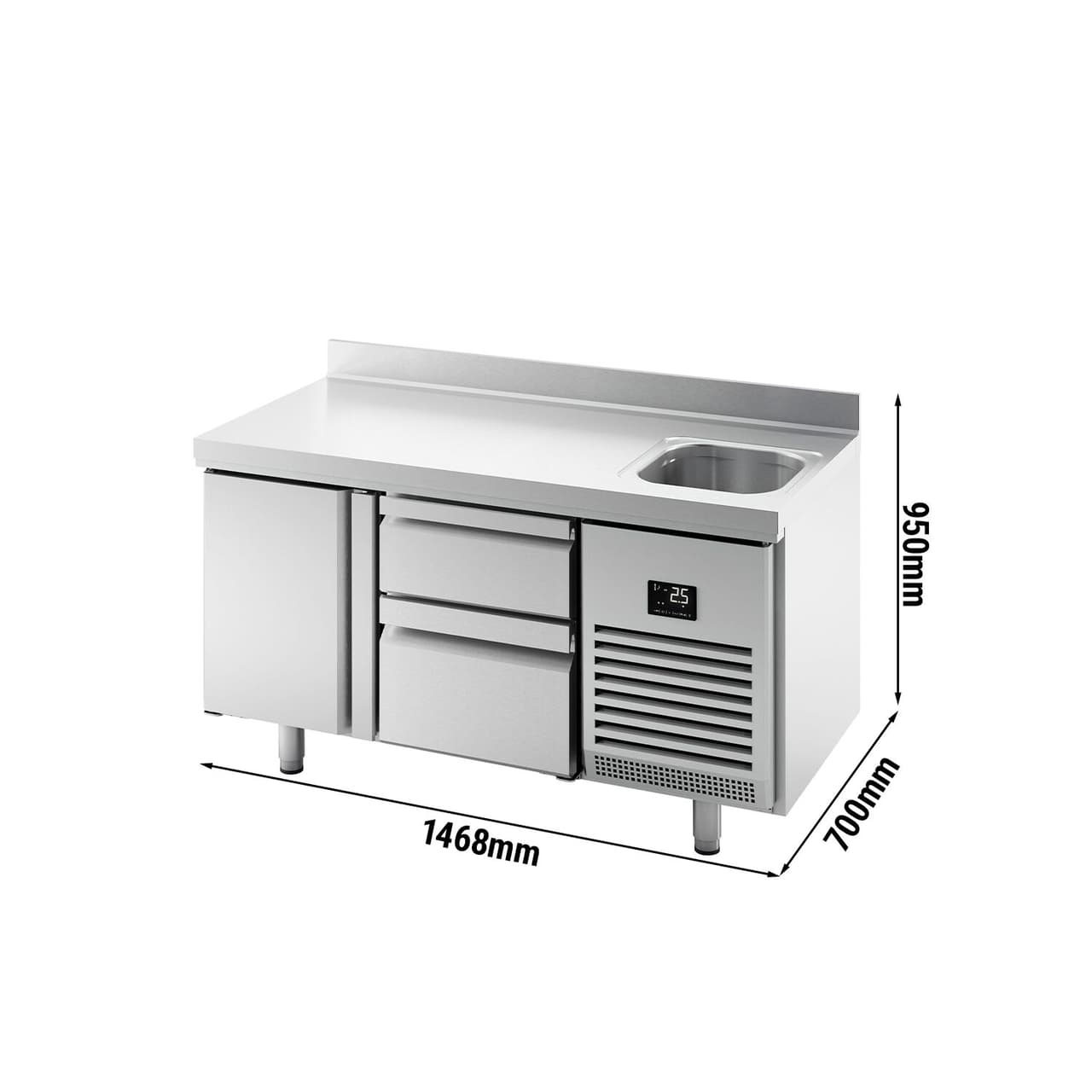 Refrigerated counter Premium PLUS - 1468x700mm - with 1 sink, 1 door, 2 drawers & backsplash