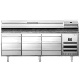 Pizza preparation table Premium PLUS - 1980x700mm - with 9 drawers - incl. refrigerated display case - 9x GN 1/4