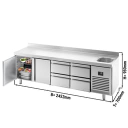 Refrigerated counter Premium PLUS- 2452x700mm - with 1 sink, 2 doors, 4 drawers & backsplash