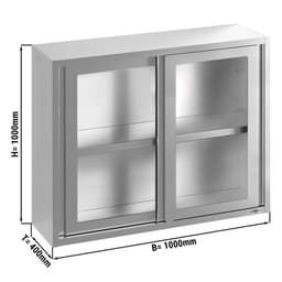 Stainless steel wall cabinet - 1000x400mm - with sliding glass door - 1000mm high