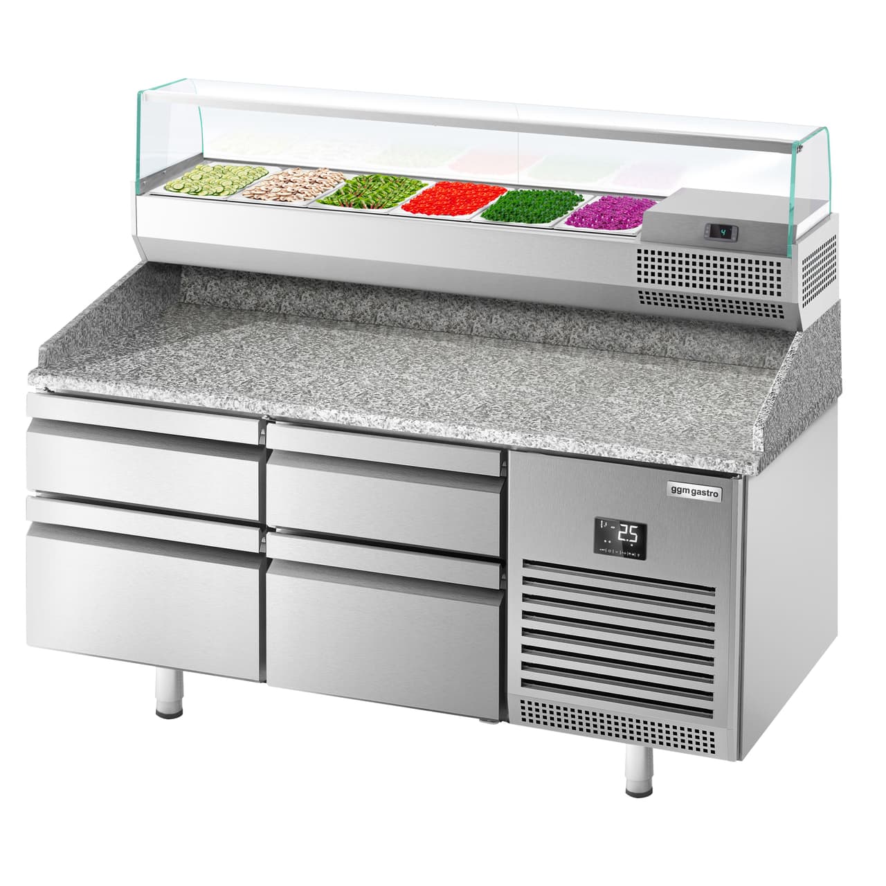 Pizza preparation table Premium PLUS - 1490x700mm - with 4 drawers - incl. refrigerated display case - 6x GN 1/4