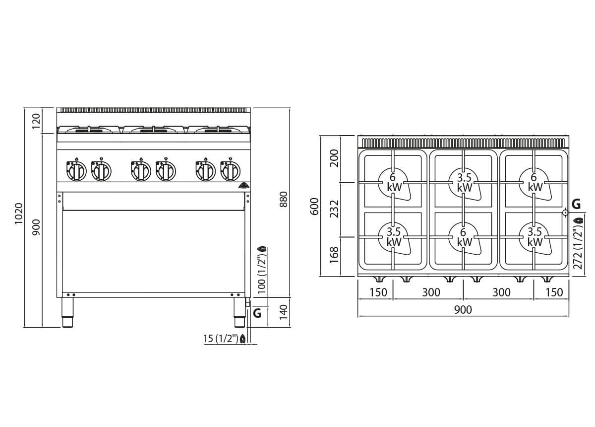 Plynový sporák 6 hořáků (28,5 kW) s pilotním plamenem