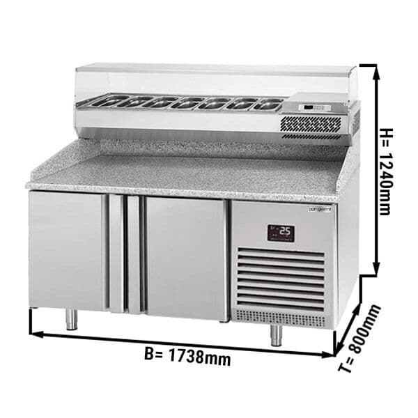 Pizza preparation table Premium PLUS- 1783x800mm - with 2 doors - incl. refrigerated display case - 7x GN 1/4