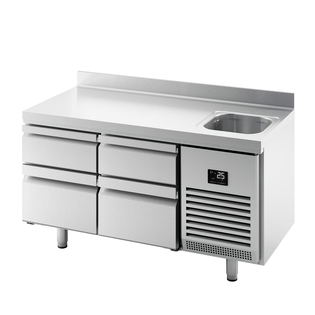 Refrigerated counter Premium PLUS- 1468x700mm - with 1 sink, 4 drawers & backsplash