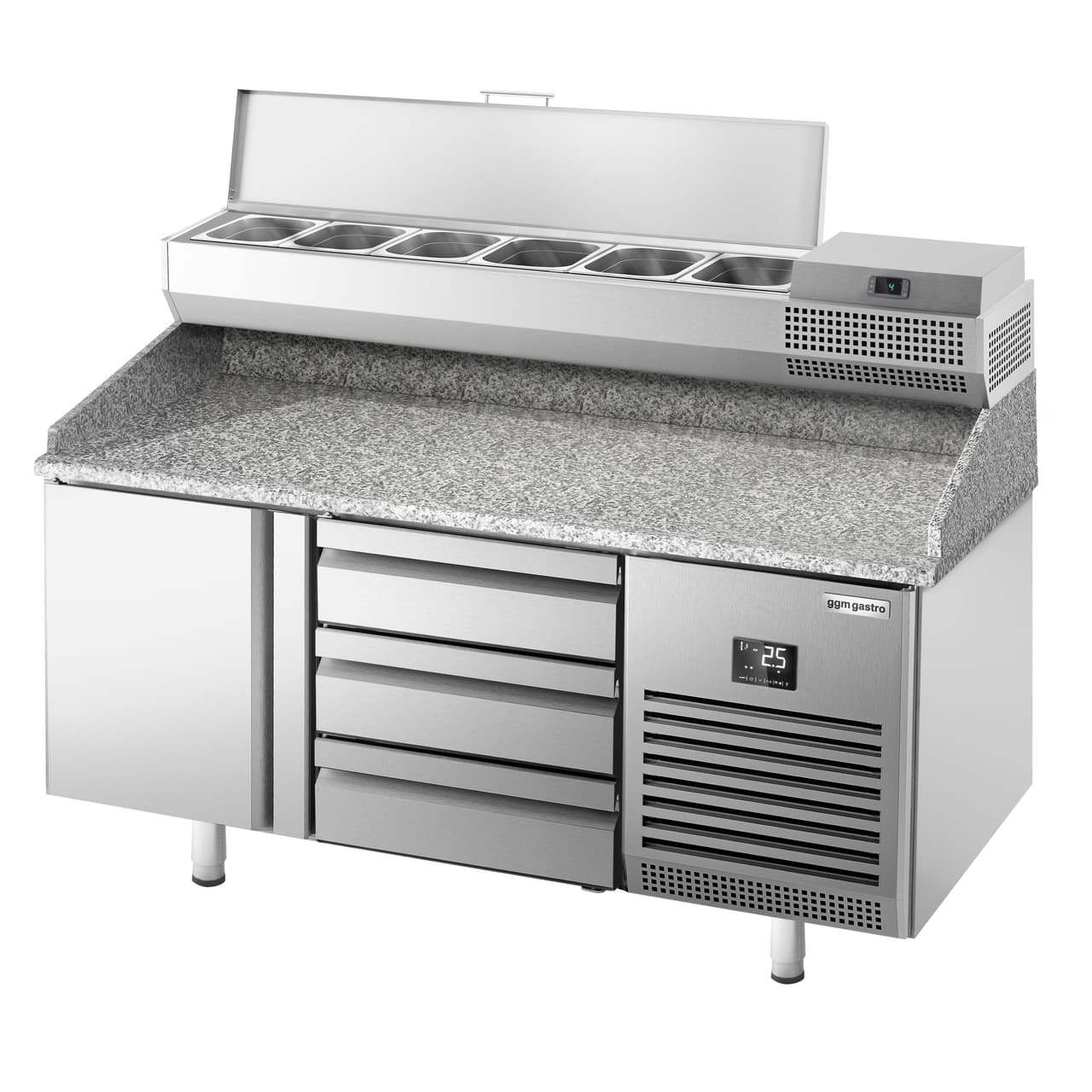 Pizza preparation table Premium PLUS- 1490x700mm - with 1 door & 3 drawers - incl. refrigerated display case - 6x GN 1/4