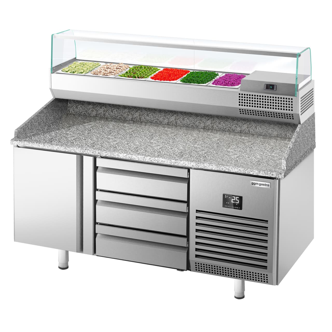 Pizza preparation table Premium PLUS - 1490x700mm - with 1 door & 3 drawers - incl. refrigerated display case - 6x GN 1/4