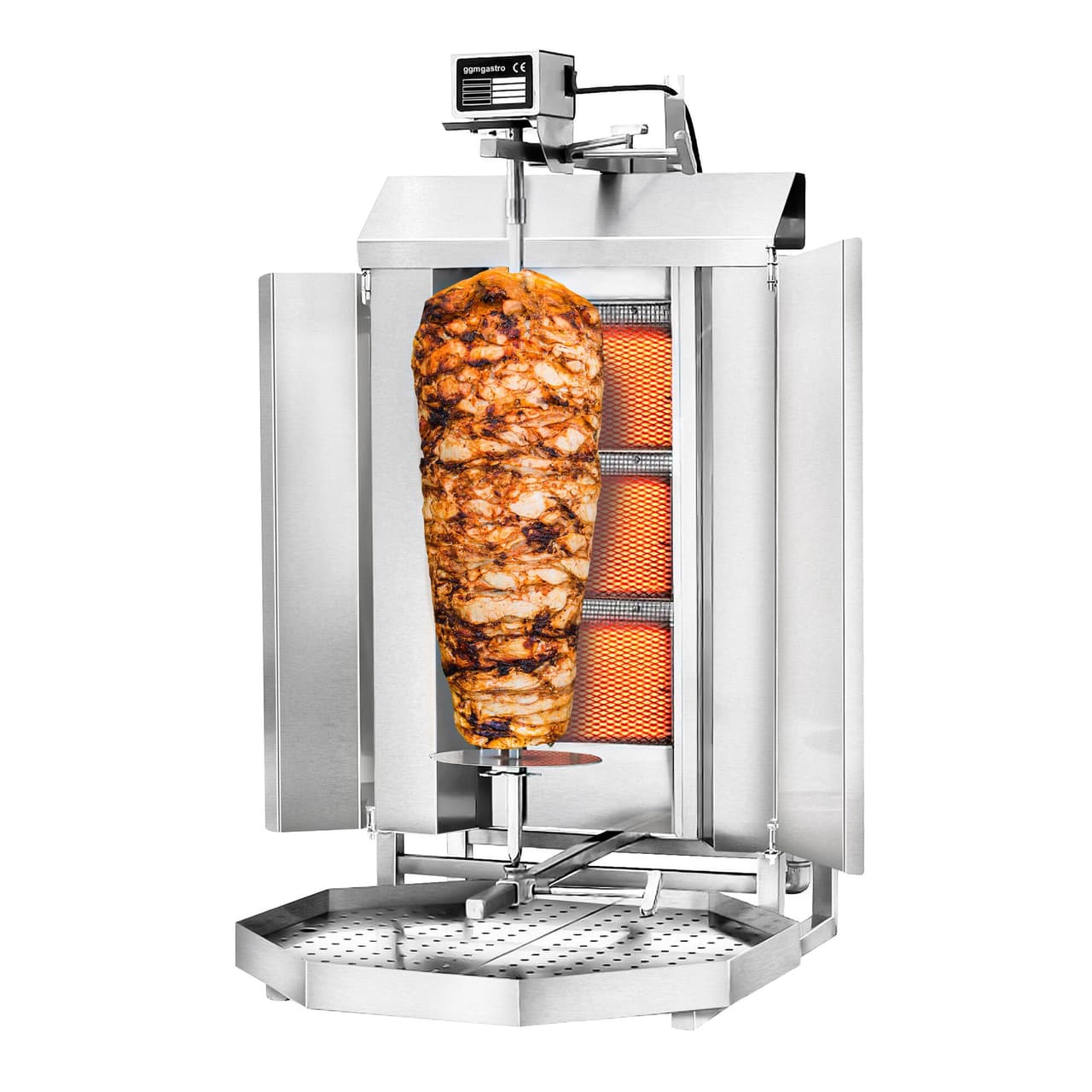 Gril na gyros/kebab - 3 hořáky - max. 40 kg - vč. ochranného plechu a křídlových dvířek