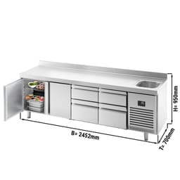 Refrigerated counter Premium PLUS - 2452x700mm - 1 sink, 2 doors, 4 drawers & backsplash