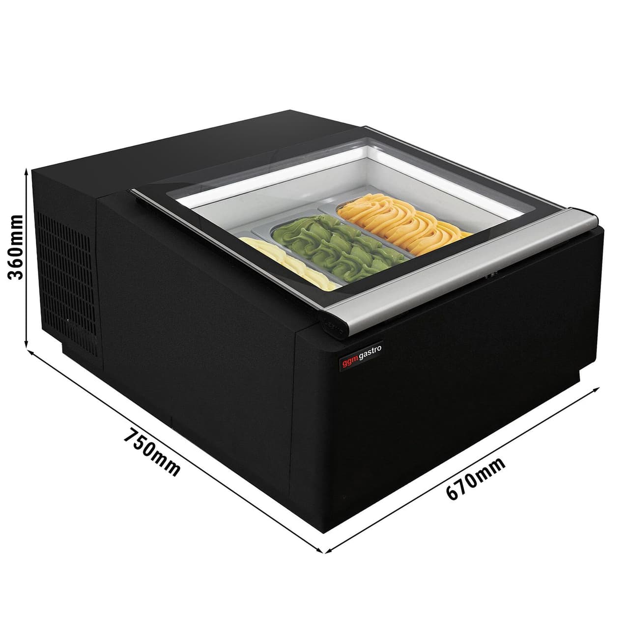 Tabletop ice cream display case - 670mm - Static - for 3x 5 litre ice cream containers - Lid opening to service side