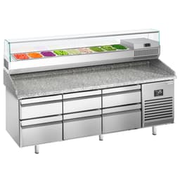 Pizza preparation table Premium PLUS- 1980x700mm - with 6 drawers - incl. refrigerated display case - 9x GN 1/4