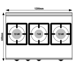 Plynový sporák se3 hořáky (34,5 kW) vč. plynové trouby statické (3,5 kW)