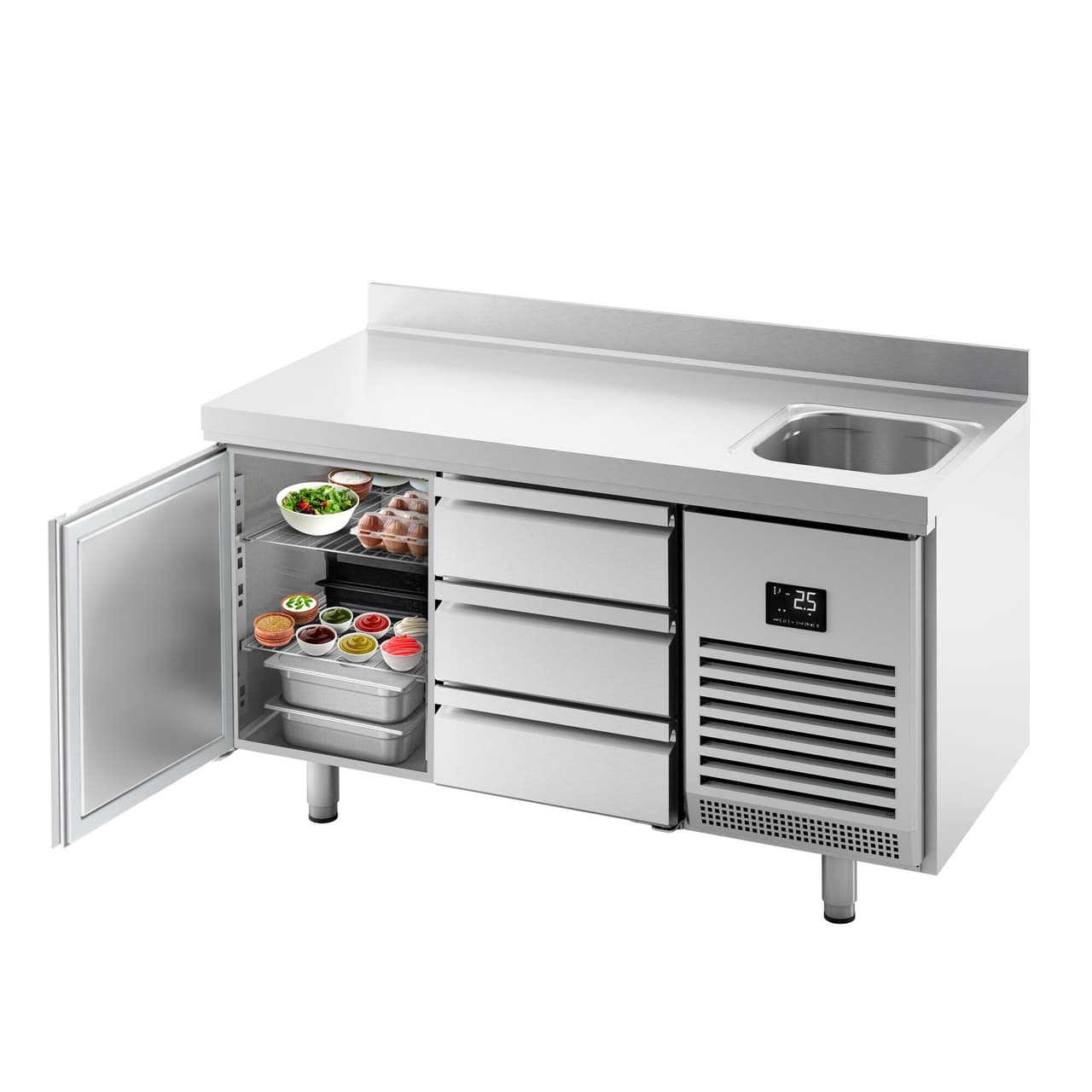 Refrigerated counter Premium PLUS- 1468x600mm -  with 1 sink, 1 door, 3 drawers & backsplash