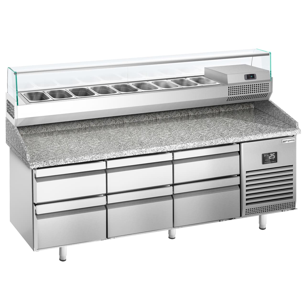 Pizza preparation table Premium PLUS- 1980x700mm - with 6 drawers - incl. refrigerated display case - 9x GN 1/4