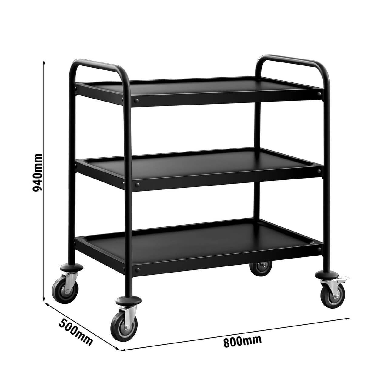 Servírovací vozík - 800x500mm - se 3 policemi - černý