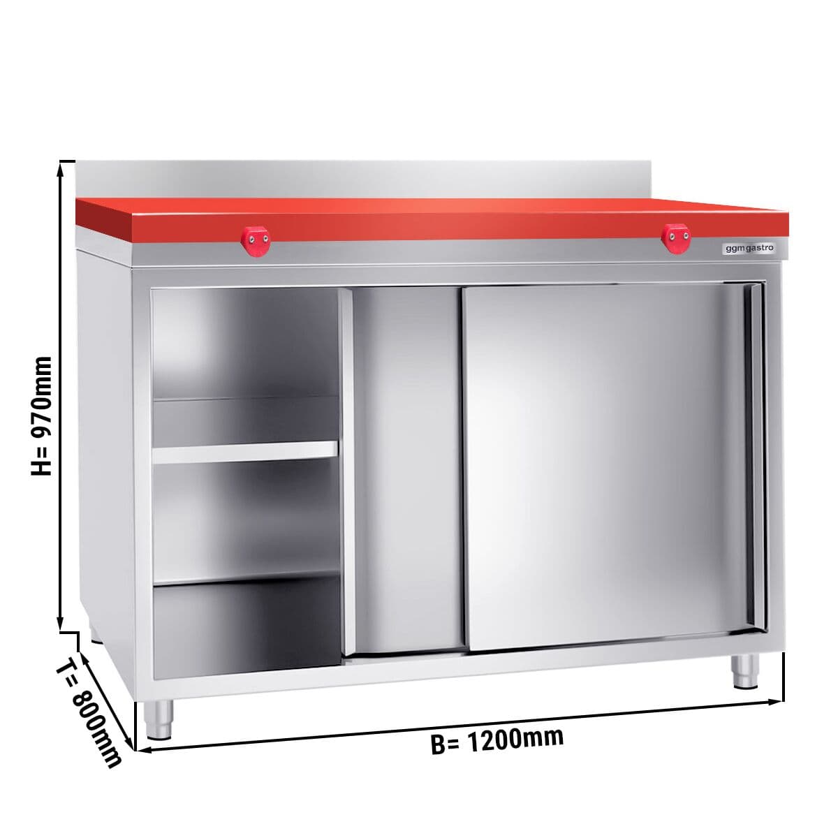 Stainless steel work cabinet - 1.2 m - with sliding door & backsplash incl. cutting plate in red