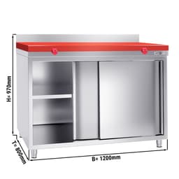 Stainless steel work cabinet - 1.2 m - with sliding door & backsplash incl. cutting plate in red