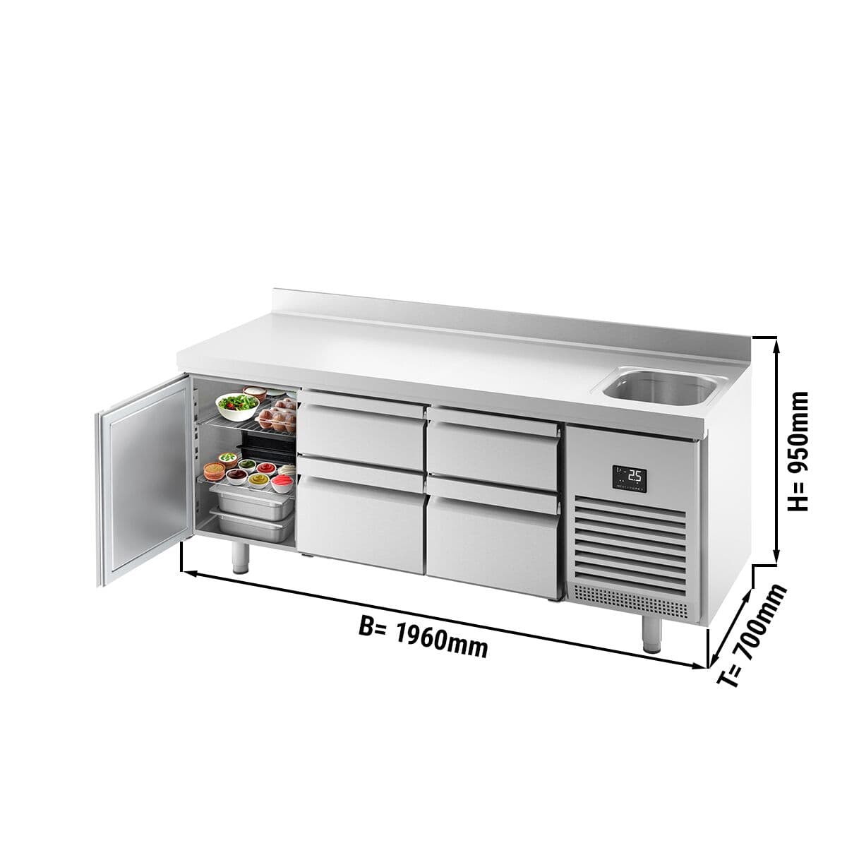 Kühltisch Premium PLUS - 1960x700mm - mit 1 Becken, 1 Tür, 4 Schubladen & Aufkantung