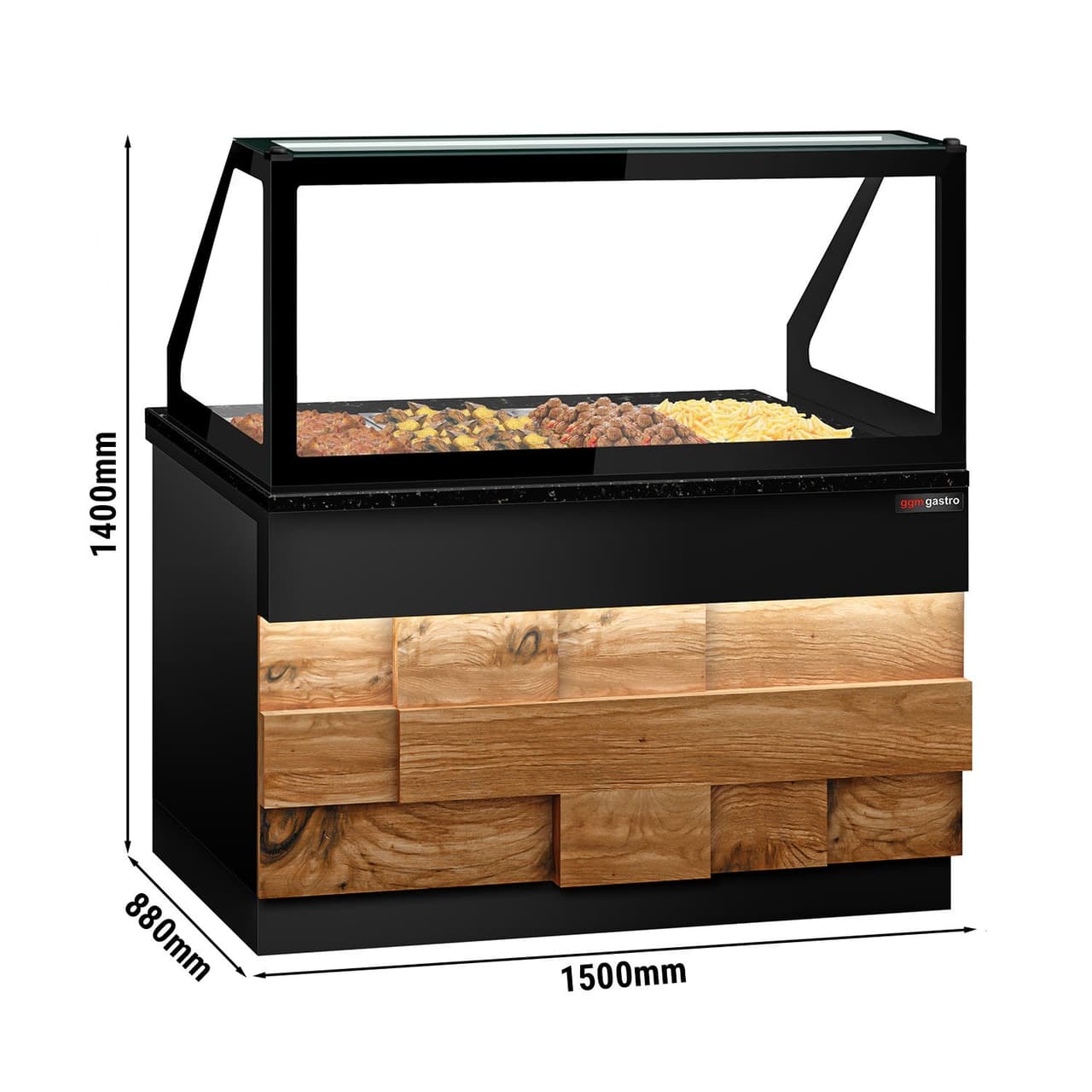 Warmhaltetheke TORONTO - 1500mm - Holzfront - für 4x GN 1/1 - schwarze Granit-Arbeitsplatte