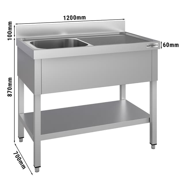 Nerezový mycí stůl  ECO - se spodní policí - 1,2 m - 1 dřez vlevo - D 50 x Š 50 x D 30 cm