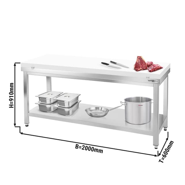 Stainless steel worktable PREMIUM - 2000x600mm - with undershelf without backsplash incl. cutting plate