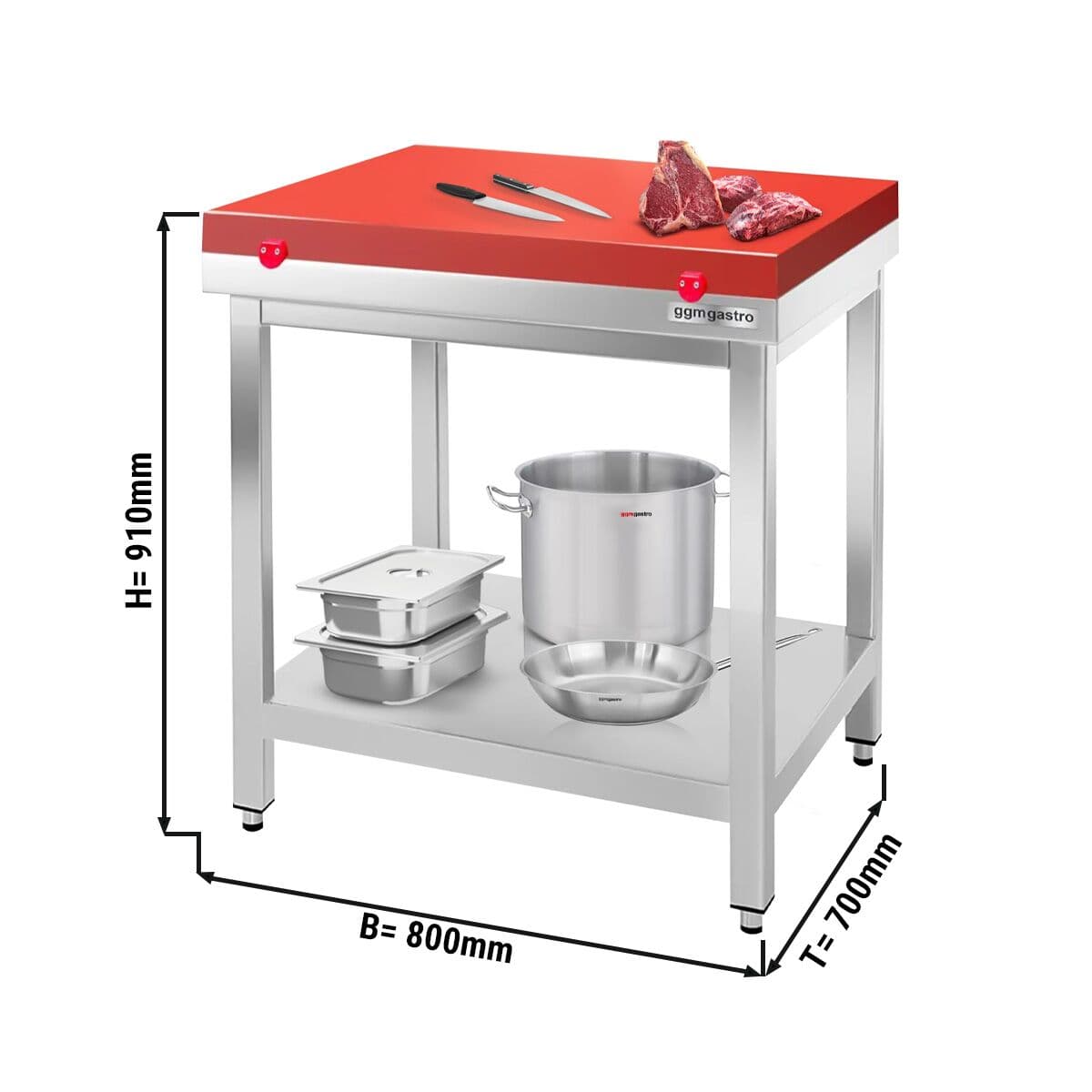 Stainless steel worktable PREMIUM - 800x700mm - with base shelf without upstand incl. cutting plate