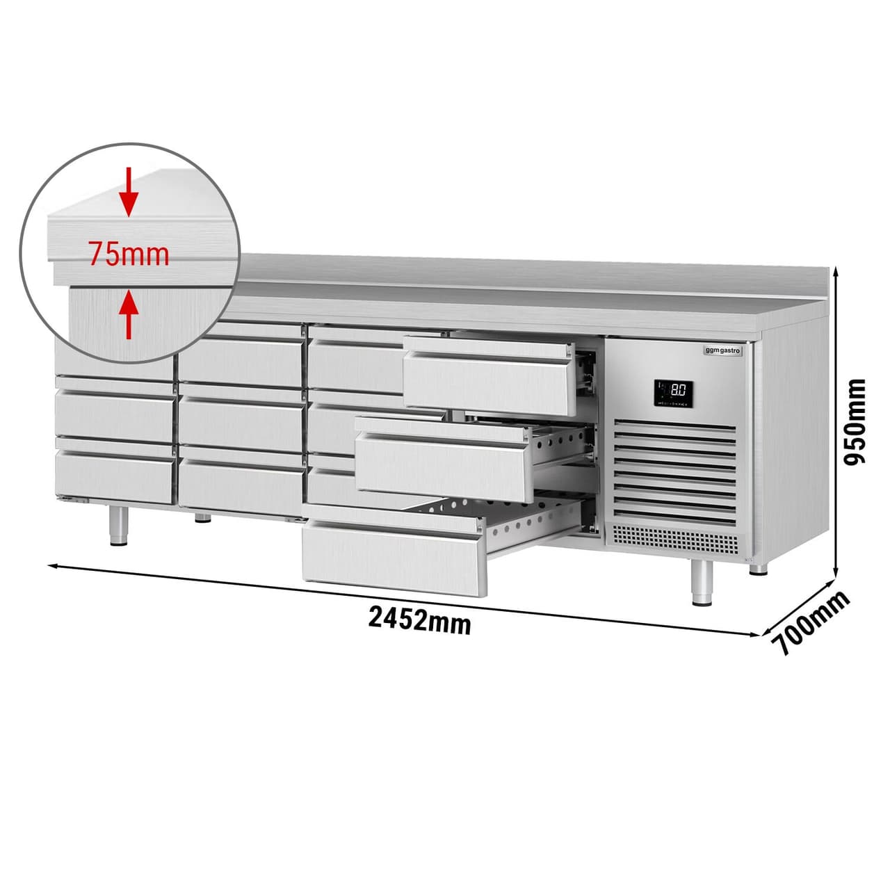 Kühltisch Premium PLUS - 2452x700mm - 12 Schubladen & Aufkantung