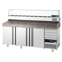 Chladicí stůl na pizzu PREMIUM - 2150x800mm - se 3 dveřmi & 3 zásuvkami - vč. chladicí vitríny - 10x GN 1/3