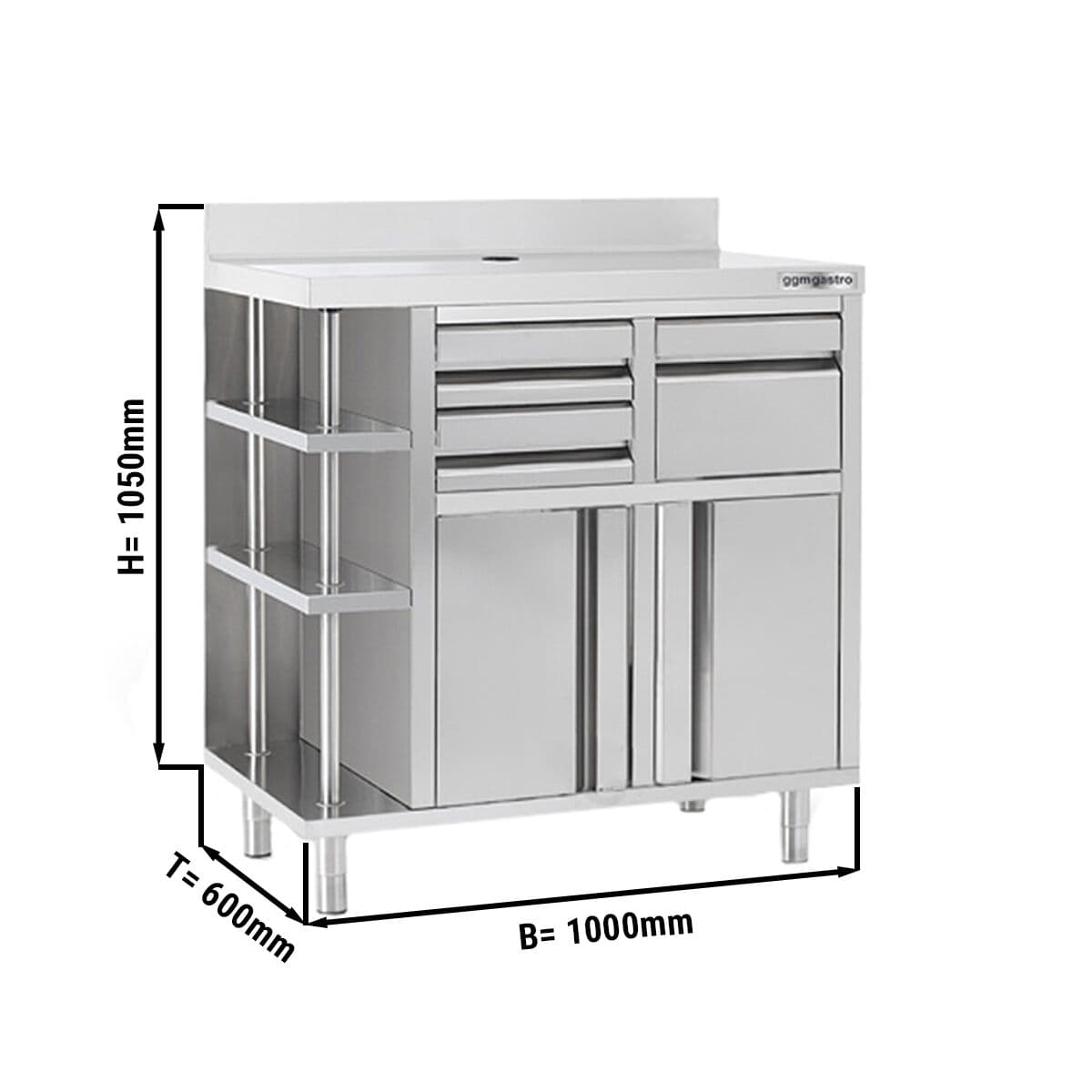 Pracovní skříňka - pro kávovar - 1000x600mm - s odklepávačem, 2 zásuvkami, 2 dveřmi a obkladovým panelem