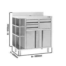 Pracovní skříňka - pro kávovar - 1000x600mm - s odklepávačem, 2 zásuvkami, 2 dveřmi a obkladovým panelem