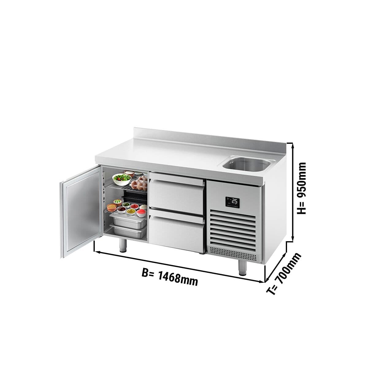 Refrigerated counter Premium PLUS- 1468x700mm - with 1 sink, 1 door, 2 drawers & backsplash