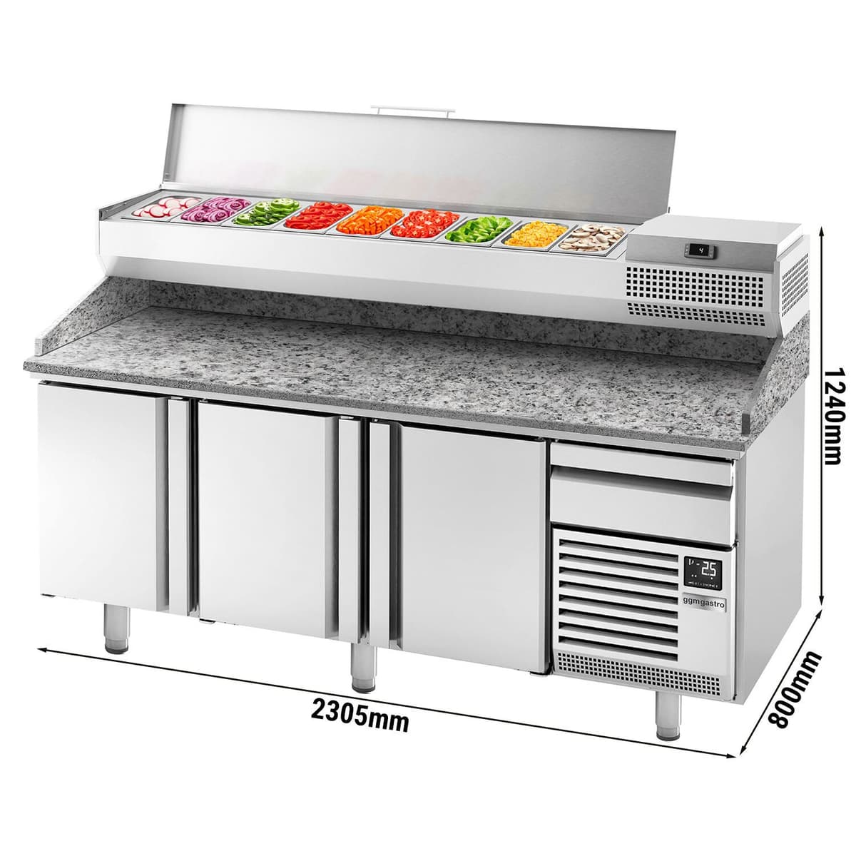 Pizza preparation table Premium PLUS- 2305x800mm - with 3 doors - incl. refrigerated display case - 11x GN 1/4