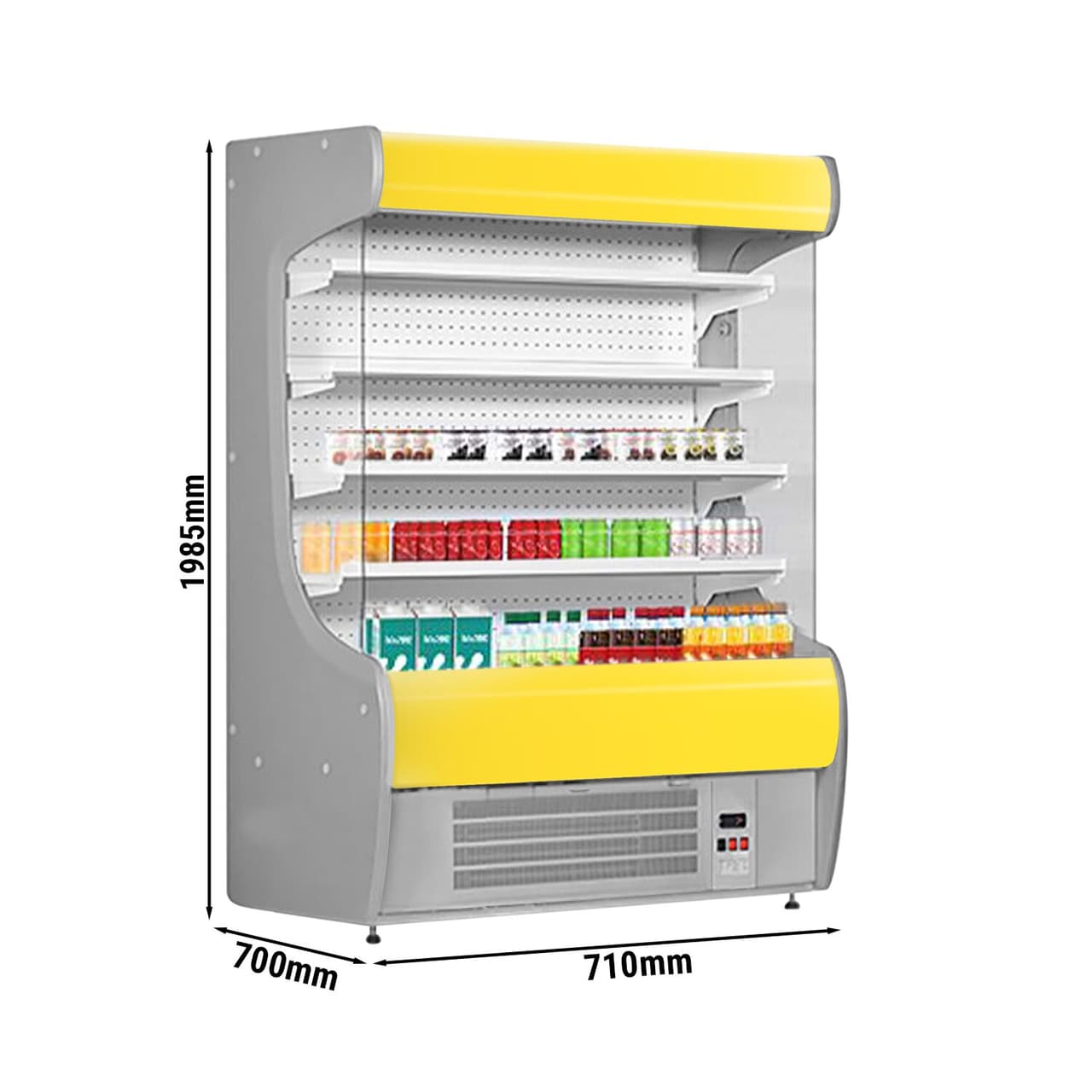 Přístěnný chladicí regál - 710 mm - s LED osvětlením a 4 policemi - žlutý čelní panel