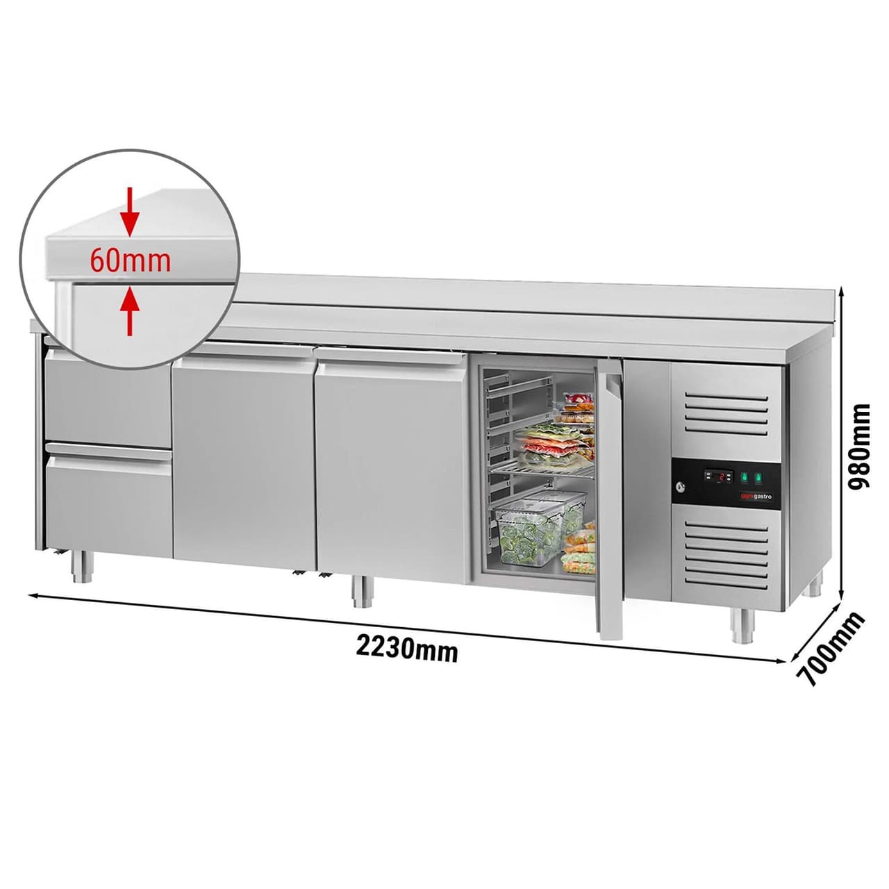 Kühltisch ECO - 2230x700mm - mit 3 Türen & 2 Schubladen & mit Aufkantung