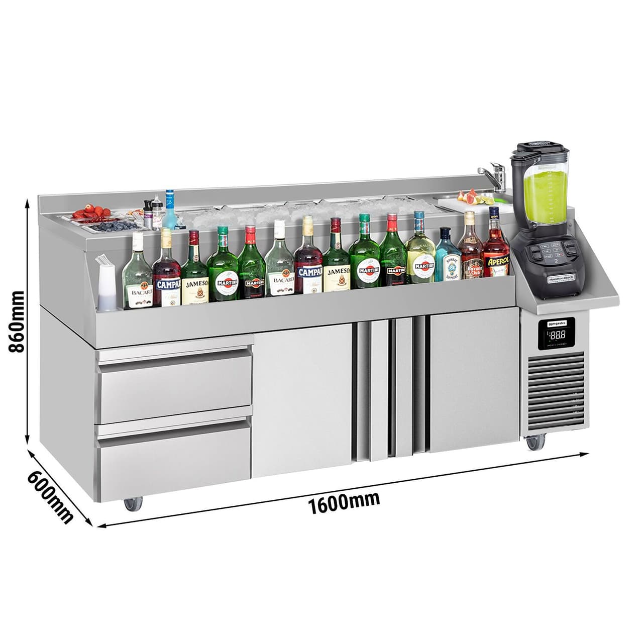 Bar/beverage cooling table - 1600x600mm- 235 Litres- with 2 doors, 2 drawers & shelves