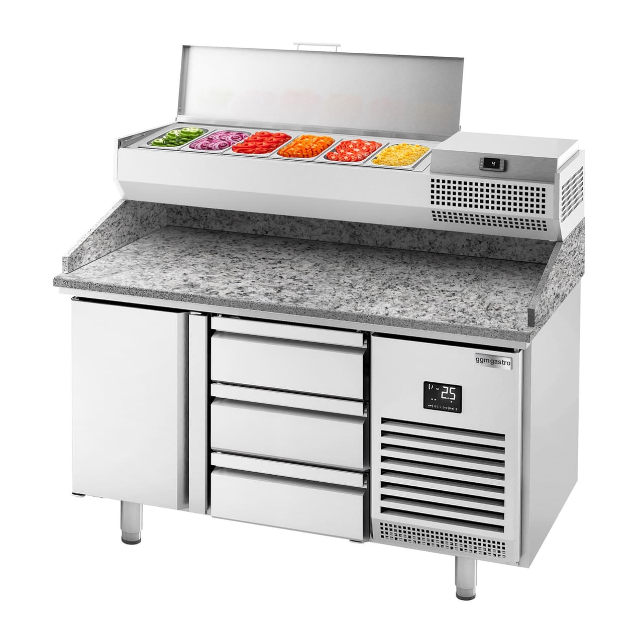 Pizza preparation table Premium PLUS- 1490x700mm - with 1 door & 3 drawers - incl. refrigerated display case - 6x GN 1/4